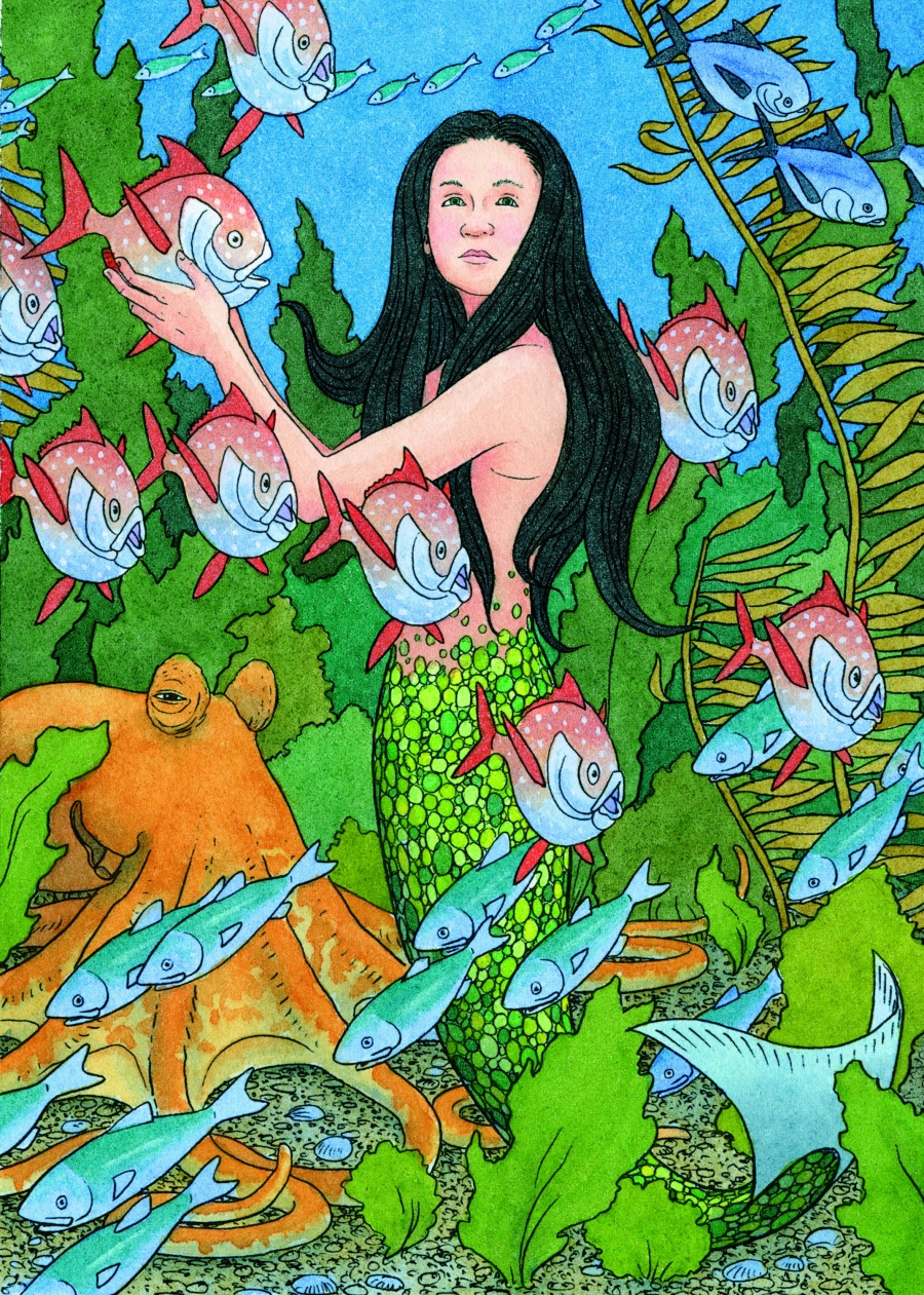 illustrated page of mermaid with fish